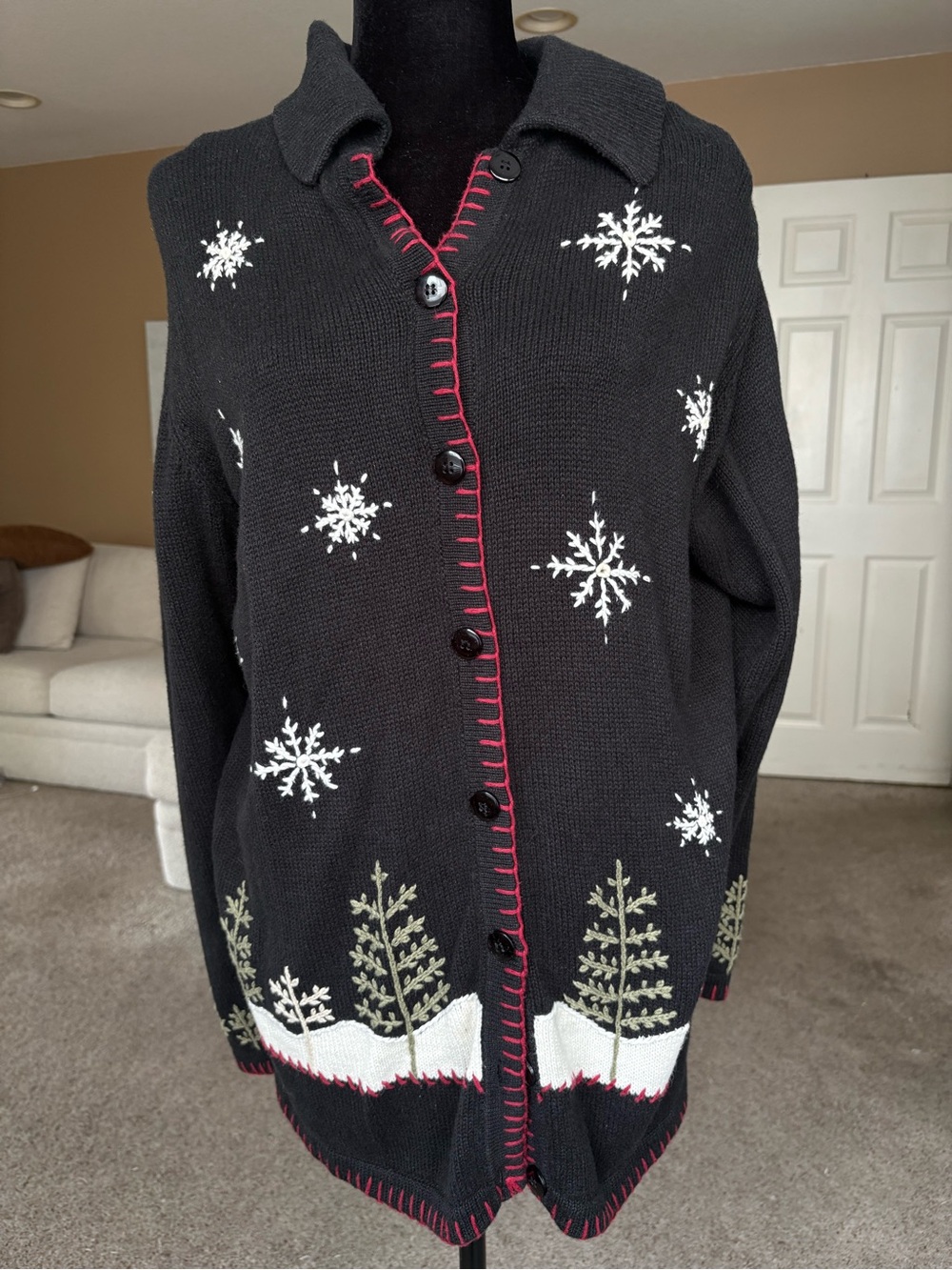 Cherokee Black Snowflake Cardigan with Red Trim and Green Tree Motif